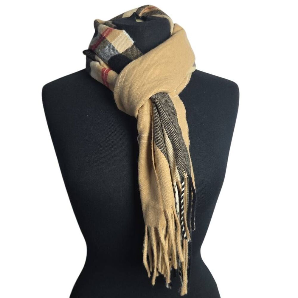 Plaid Tan, Black, and Red Scarf